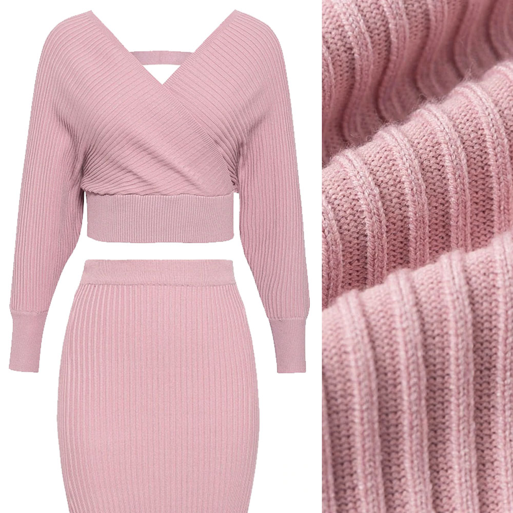 Mauve Pink Off Shoulder V-Neck Sweater Top & Pencil Skirt - Mrs Kue | Shop